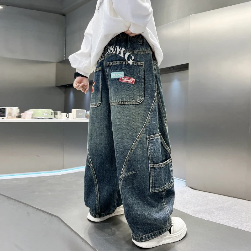 Cool Loose Casual Jeans for Boys Straight Leg Wide Leg Spring Autumn Middle Large Children's Jeans Fashionable And Durable - 2
