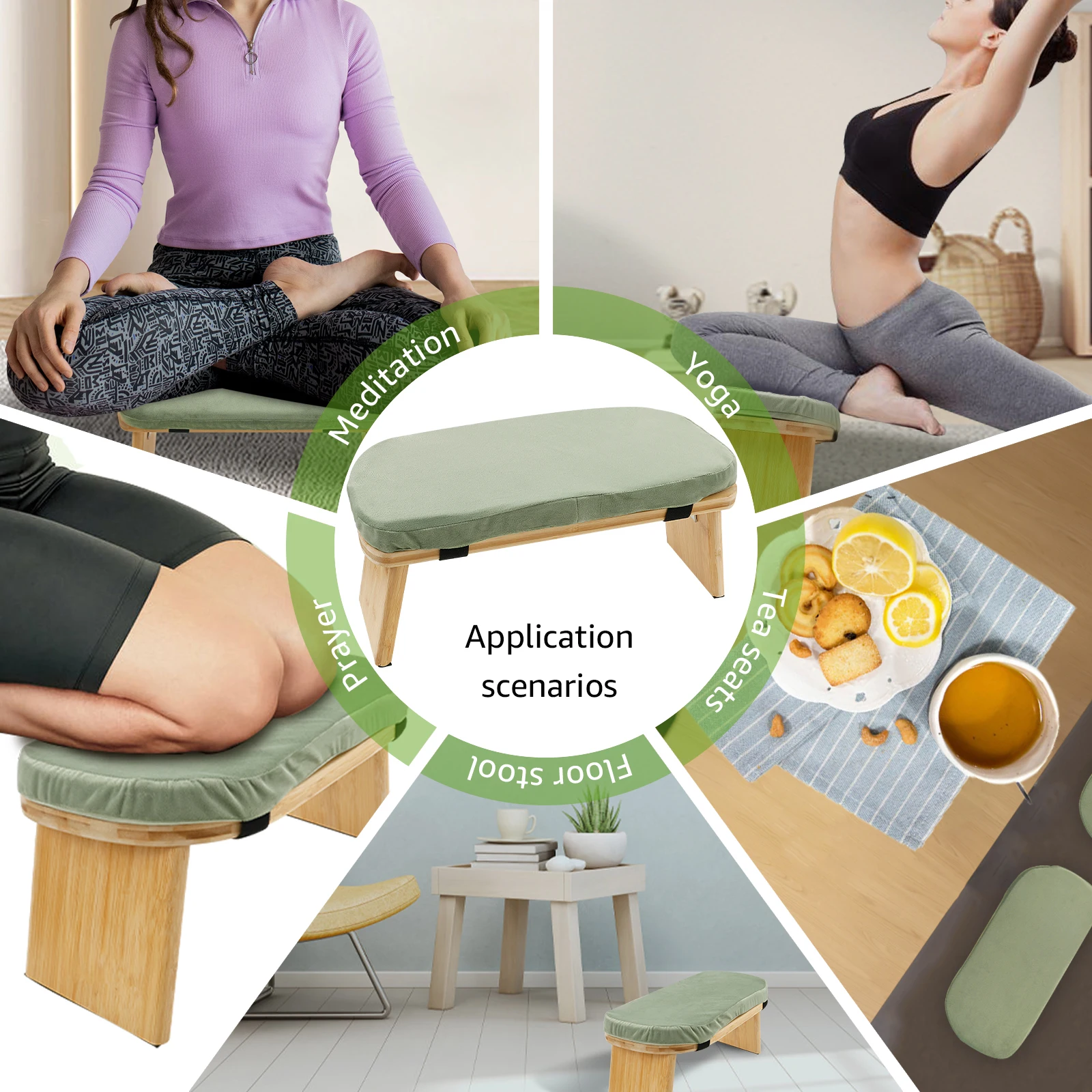 Portable Yoga Bench Folding Bamboo Kneeling Stool with Cotton Cushion Ergonomic Sitting Practice Prayer Bench Meditation Stool