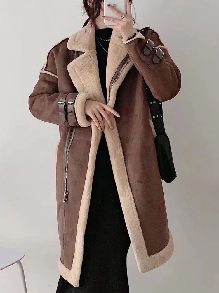 

Fitaylor Autumn Winter Women Faux Lamb Wool Suede Leather Jacket Casual Lapel Zipper Chamois Leather Coat Thick Long Outwear