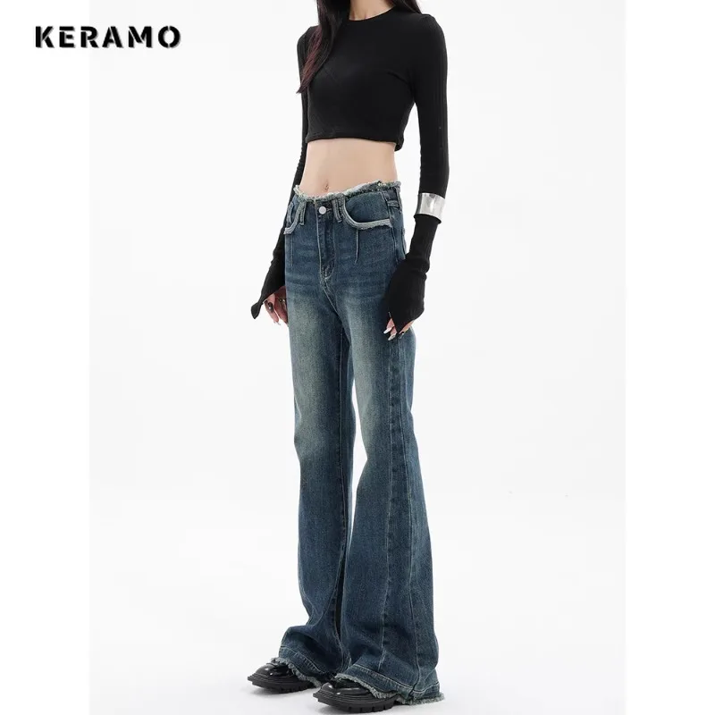 

Korean Fashion Women's Wide Leg Burr Edge Baggy Y2K Denim Trouser Vintage High Waist High Street Style Blue Straight Jeans Pants
