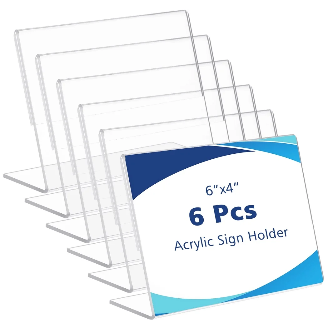 6Pcs Acrylic Sign Holders 6&times;4in Clear Menu Display Stands Slanted Desktop Picture Frames Table Flyer Paper Holders For Offices