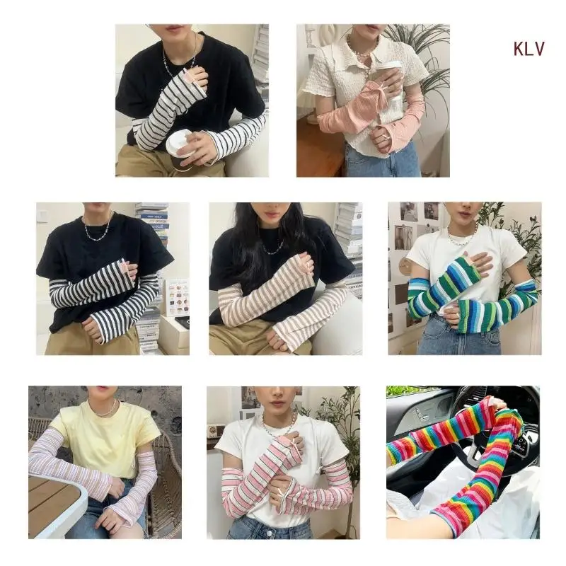 

Womens Cooling Sleeves Elbow Gloves Elastic Arm Cover Rainbow Stripes Fingerless Gloves for Driving