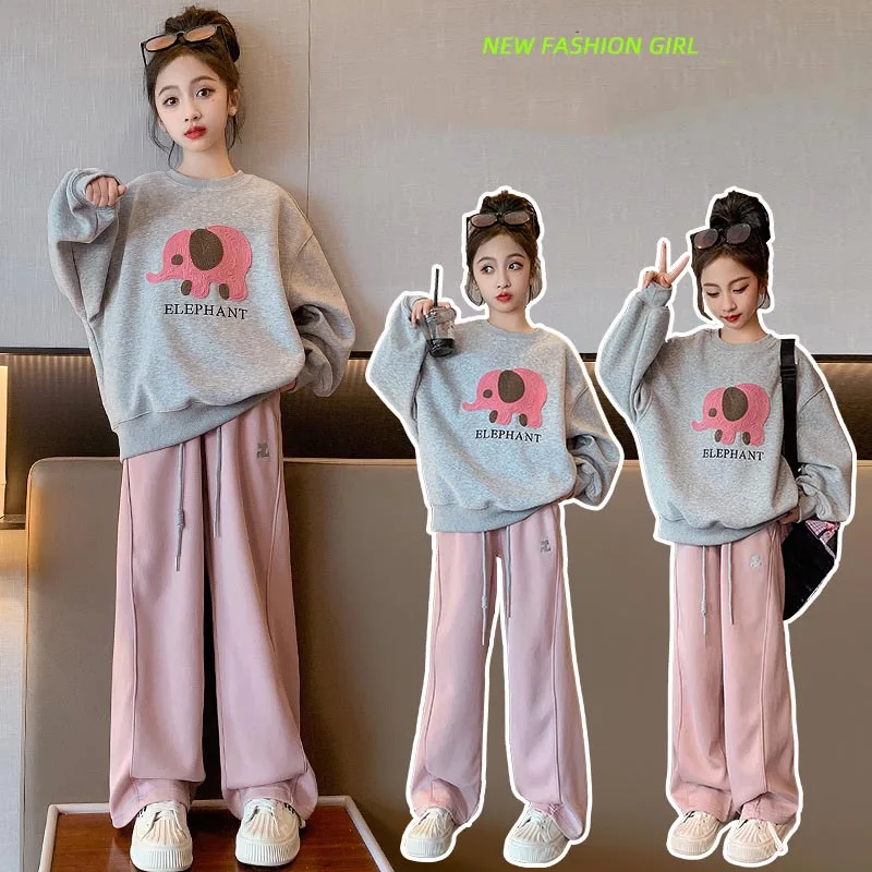 

Korea Spring Autumn School Girl Sport Suit Teenager Girl Cartoon Elephant Sweatshirt+Straight Pants Junior Girl 2PCS Clothes Set