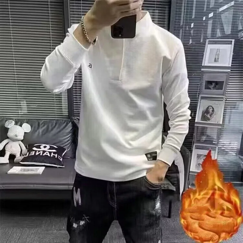 Men's 2023 Spring and Autumn New Korean Edition Solid Color Long Sleeve Stand Collar Printed Embroided Pullover Hoodie Slim Tops