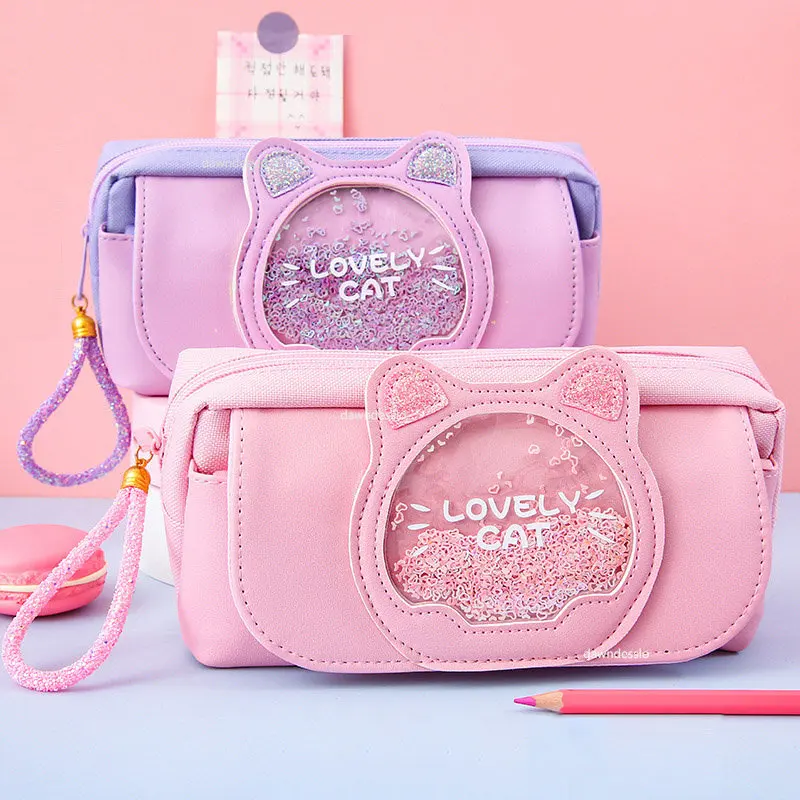 

1pcs Quicksand Cat Pencil Case Cute Three Layers Big Pen Case Girls Kawaii Stationery Bag Cartoon Animals Pen Bag Student