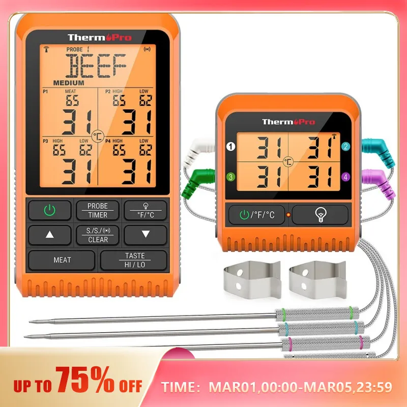 Thermopro Tp829 Termometro Per Carne Da Forno Wireless Digitale Da 300M Con 4 Sonde Per Carne E Funzione Di Retroilluminazione Del Timer Per La Cottur