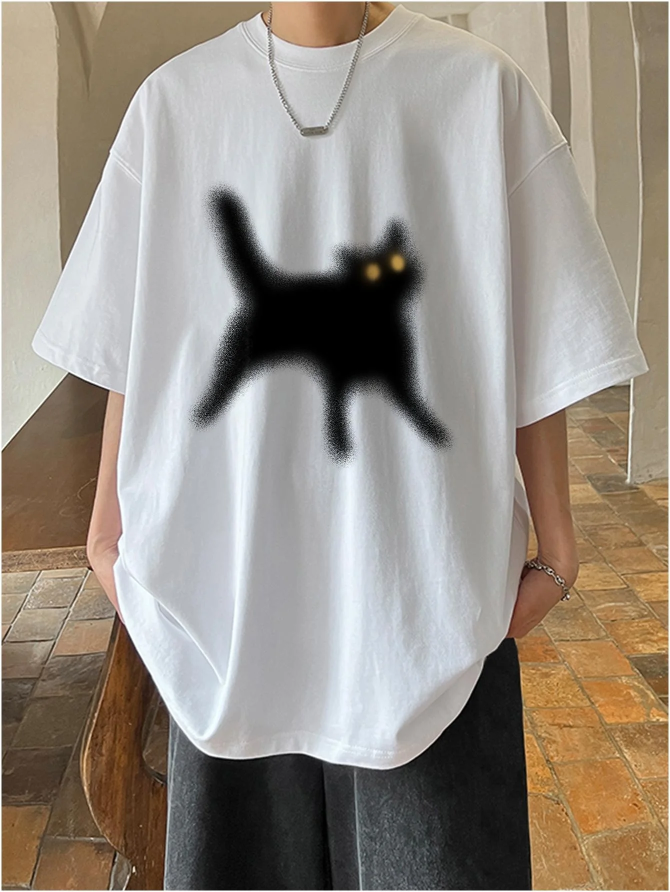 تي شيرت رجالي مطبوع شكل قط