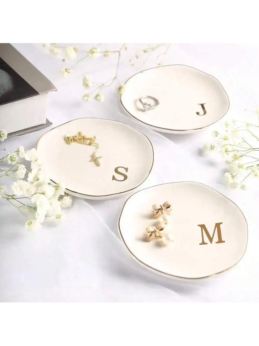 Personalized Initial Ring Dish - Ceramic Jewelry Tray With Monogram, White & Gold, Gift For Women