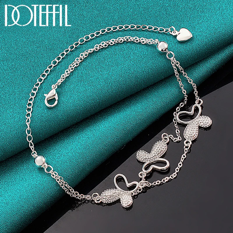 DOTEFFIL 925 Sterling Silver Butterfly Heart Bead Chain Bracelet For Woman Charm Wedding Engagement Fashion Party Jewelry