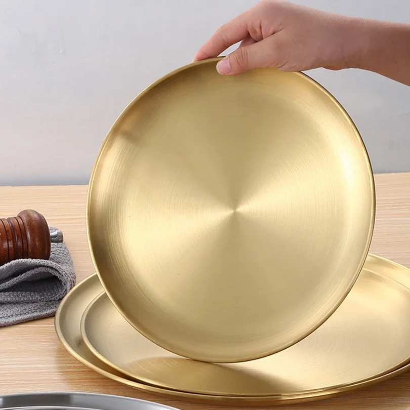 1pc Thickened New Stainless Steel Disc Golden Cafe Tray Dining Disc Fruit Meat Dessert High Quality Round Plate  Shallow Tray
