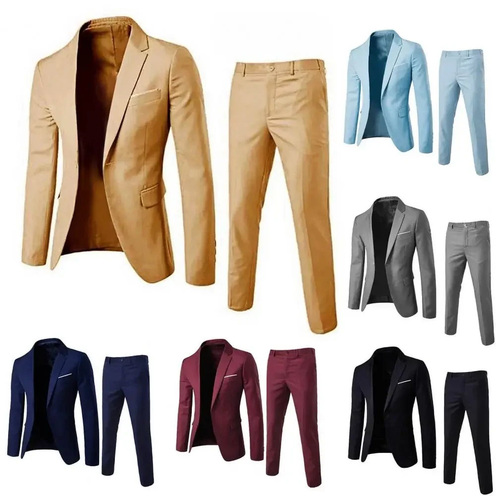 Traje Formal elegante para hombre, Blazer de temperamento, pantalones con cuello vuelto, Color puro, traje de un botón, ropa diaria, 1 Juego