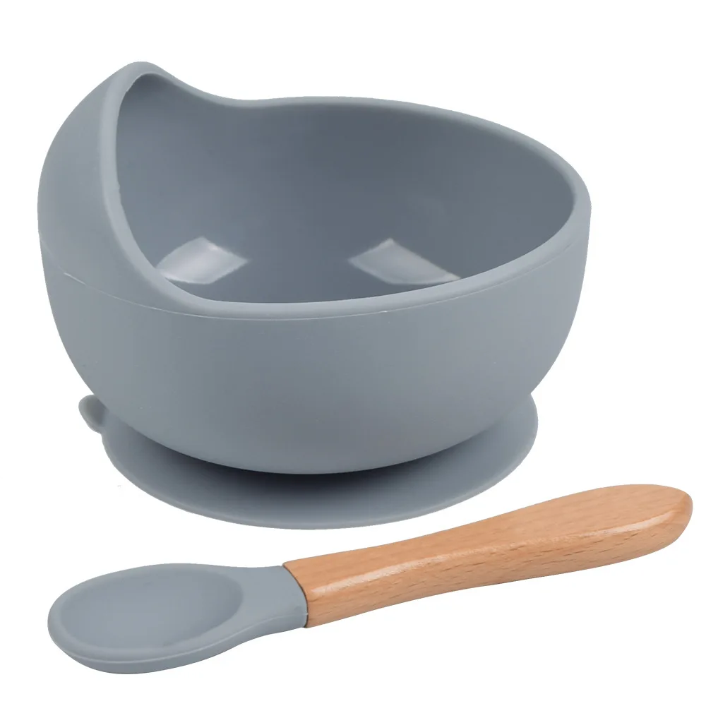 Baby Silicone Bowl Set BPA Free Non-slip Children's Suction Bowl Wooden Handle Silicone Spoon Food Grade Waterproof Tableware