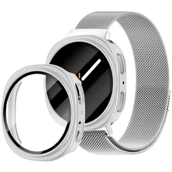Premium Stainless Steel Watch Band with Tempered Glass Case for Samsung Galaxy Watch 8 (08 silver)