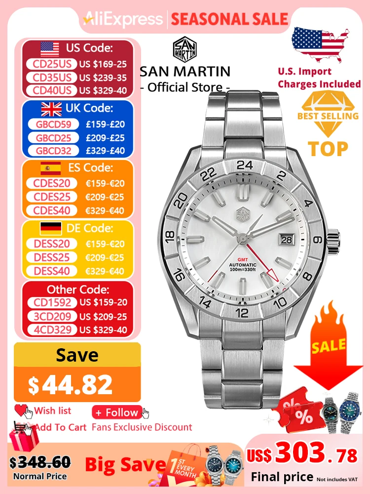 サンマーティン-男性用機械式自動巻き時計,高級ダイヤル付きビジネス