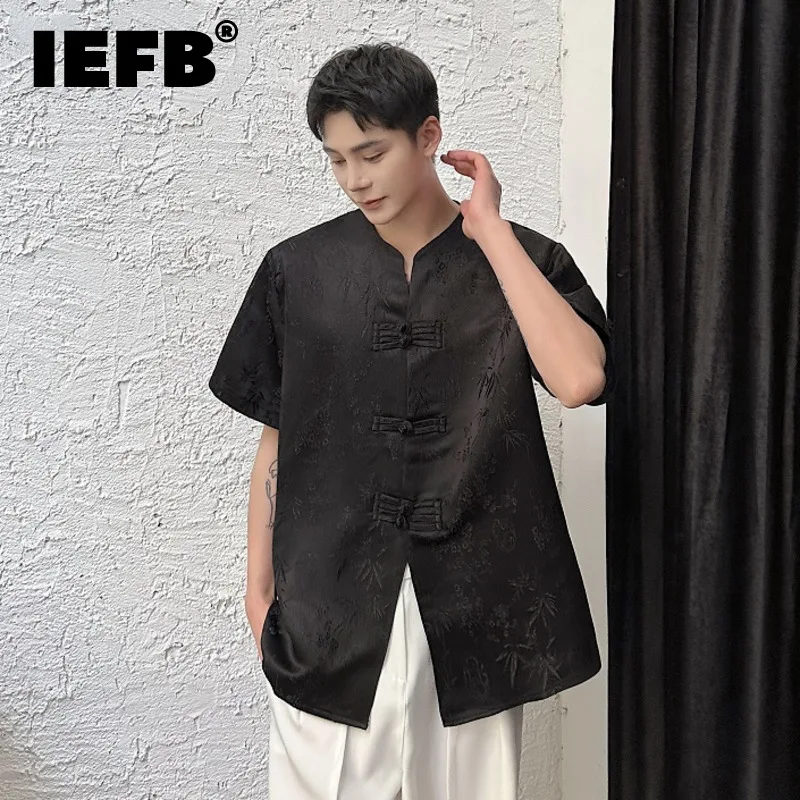 

IEFB Summer Shirt Men's Chinese Style Single Breasted Jacquard Buckle O-neck Short Sleeve Vintage Solid Color Top 2024 9C5859