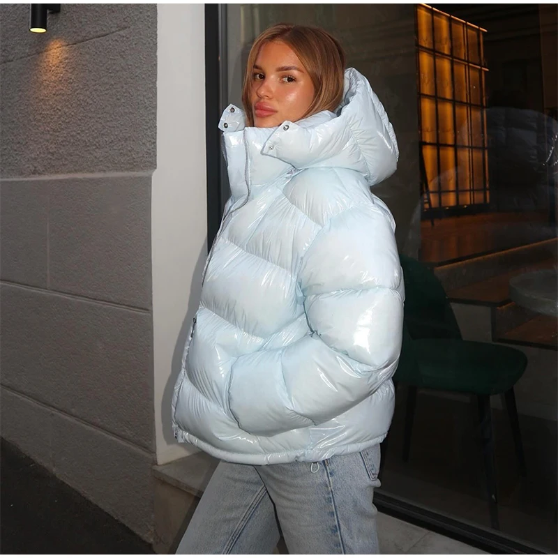 Schicker, glänzender, gepolsterter Mantel mit Kapuze für Damen, lässig, geschwollener Stehkragen, kurze Daunenjacke, Baumwollmäntel, weiblich, 2025, Winter-Straßen-Oberbekleidung – Detail 28