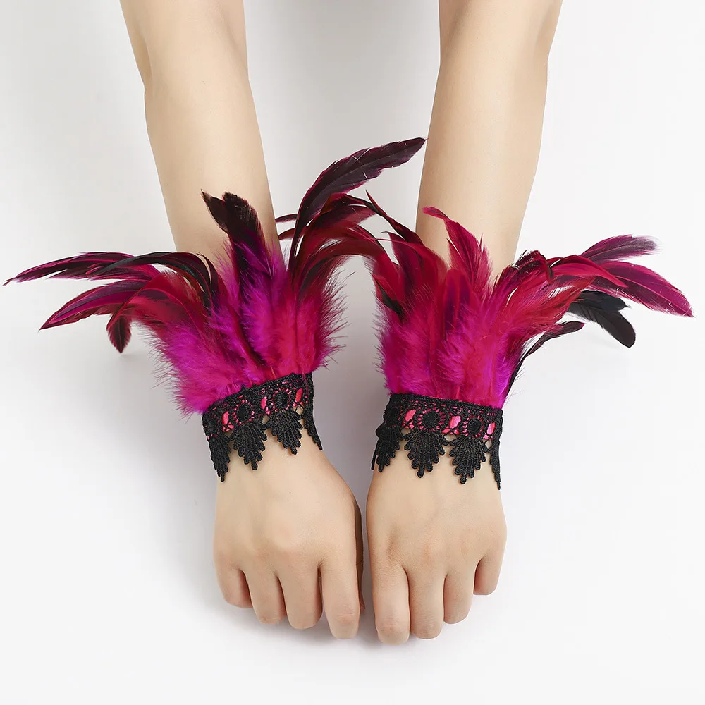 Natural Feather Sleeve Cuffs lace gloves Party Cosplay Lace Wrist Cuffs Fur Sleeve Accessories Carnival Stage Show Costume
