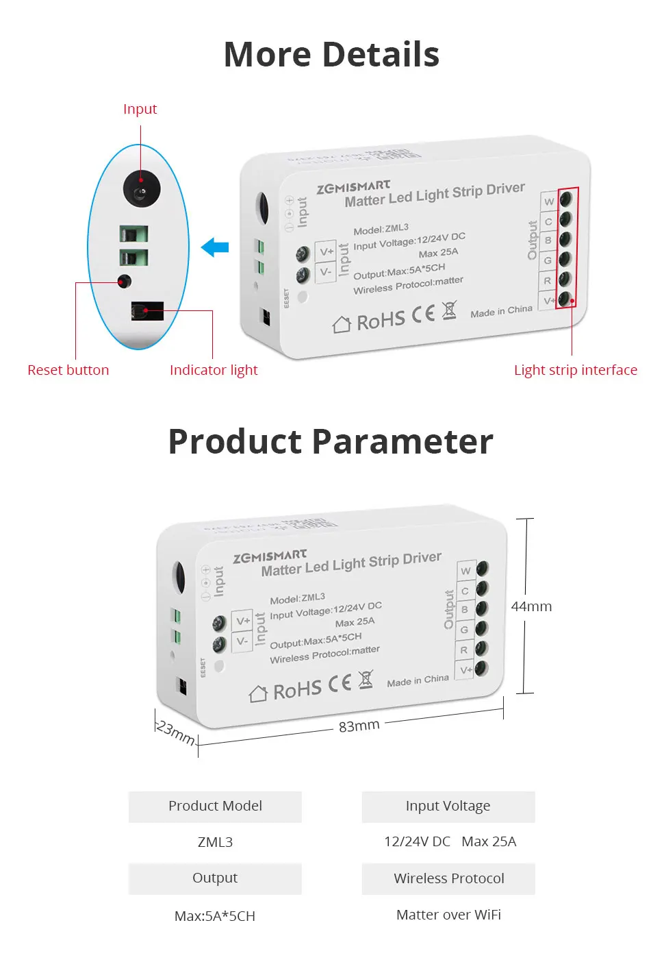 Matter Over WiFi LED Strip Light Driver RGBCW with Wireless Switch ACDC Adapter