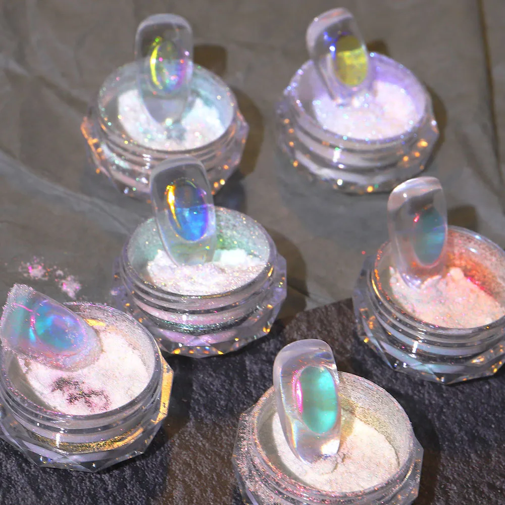 아이스 투명 오로라 네일 파우더 네온 레인보우 홀로그램 카멜레온 파우더 멀티 크롬 무지개 빛깔의 안료 진주 빛 네일