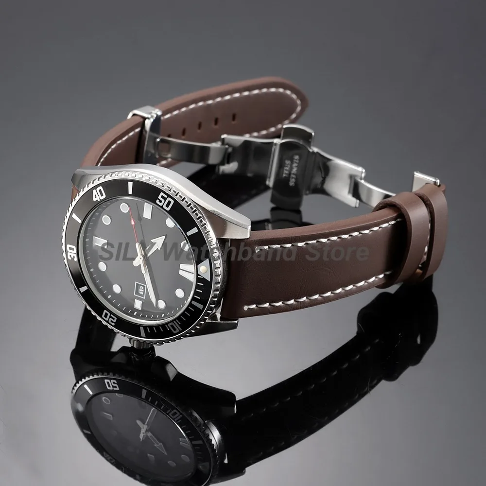 18/20/22/24mm Retro Vintage Leder-Uhrenarmbänder Silber Schwarz Roségold Schmetterlingsverschluss Uhrenarmbänder Universelle Business-Armbänder – Detail 3