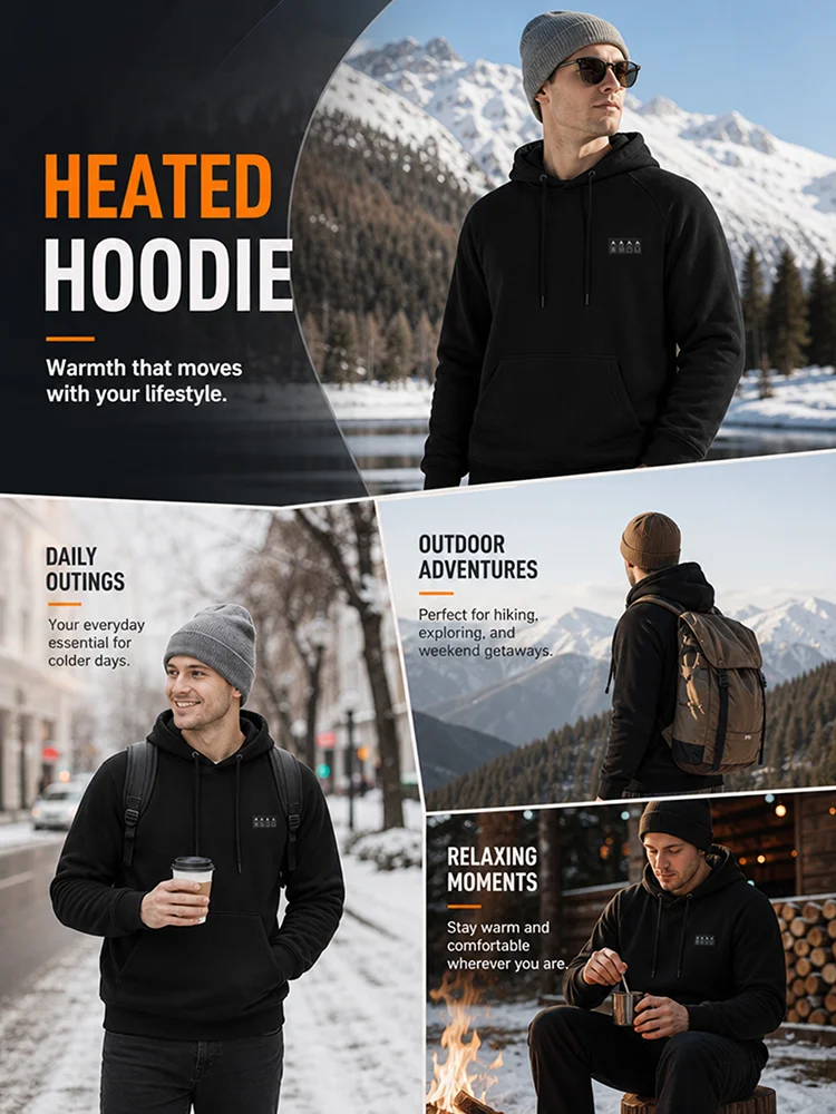 Heated Jacket Men Hoodie with 36 Heating Zones and 3 Customizable Temperature Levels, Ideal for Winter Fishing, Up to 50 Celsius