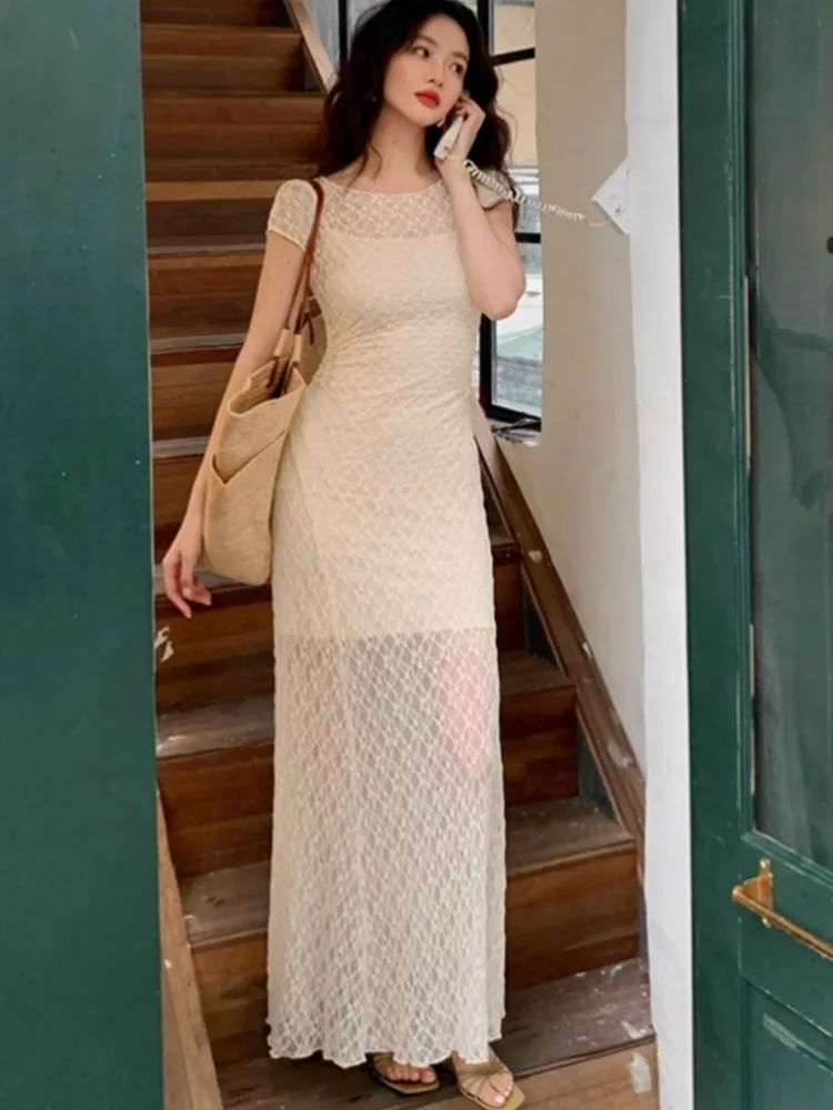 우아한 메쉬 투피스 원피스 세트 여성용 슬림 미디 드레스, 레트로 레이스 Y2K 바디콘, 생일 파티, 원피스 무도회 드레스