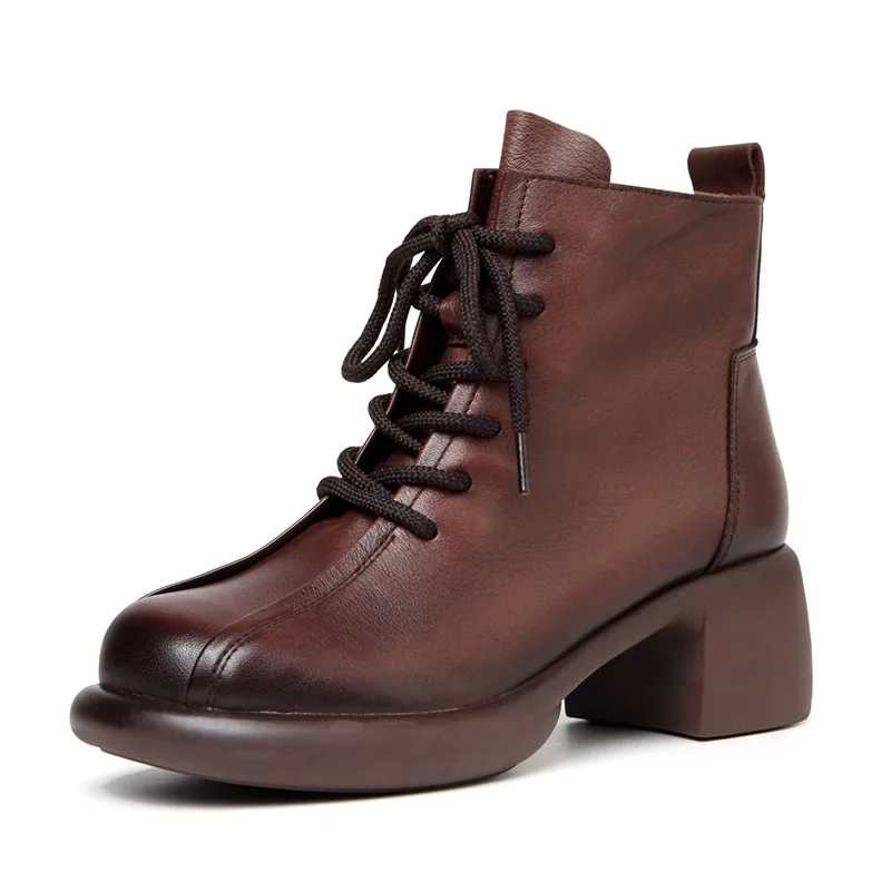 

Spring Ankle Boots Women Platform Genuine Cow Leather Round Toe Lace-Up Side Zipper Closure Winter Warm Shoes Soft Sole Handmade