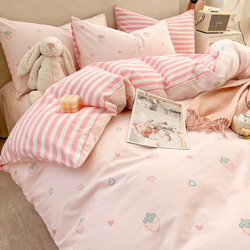 Strawberry Print Pink Bedding Set Duvet Quilt Cover+Sheet+Pillow Case Four-Piece 
