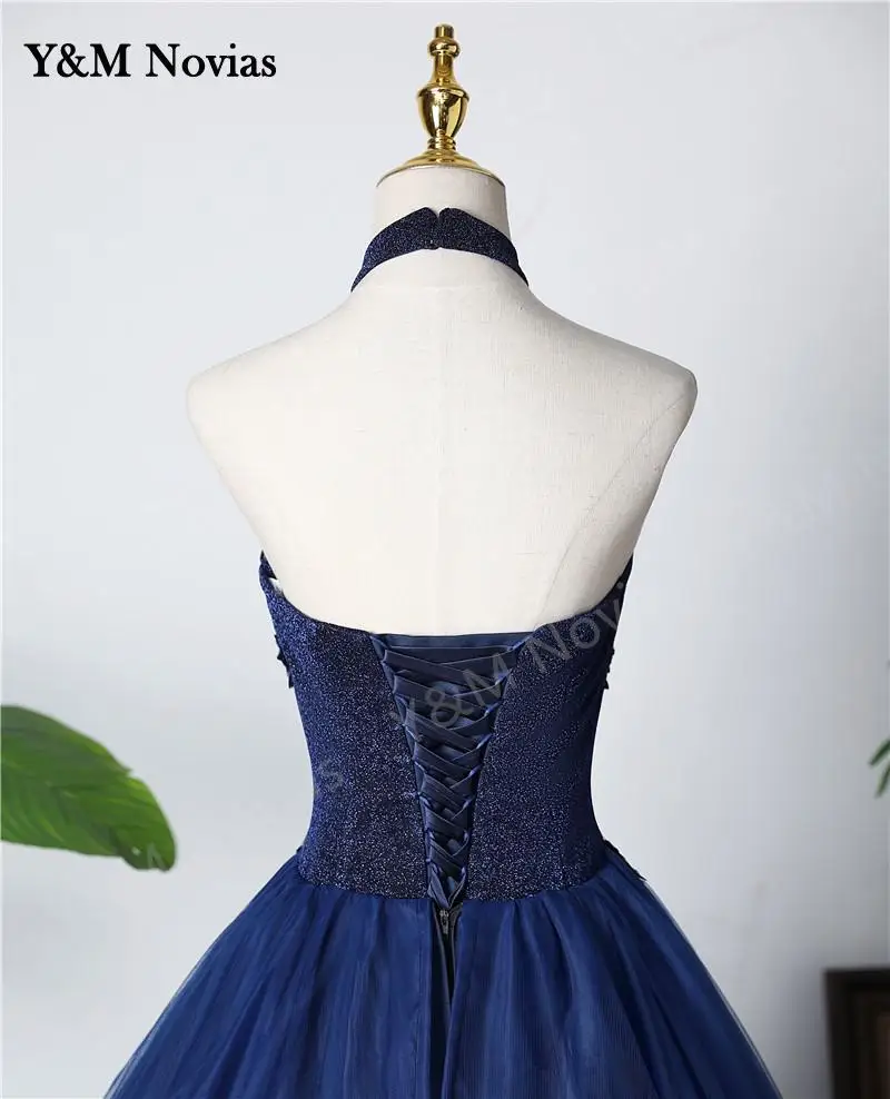 New Fashion Halter Blue Quinceanera Dress Sleeveless Ruched Lace Vestidos De 15 Debutante Gown Bohemia Princess Customized