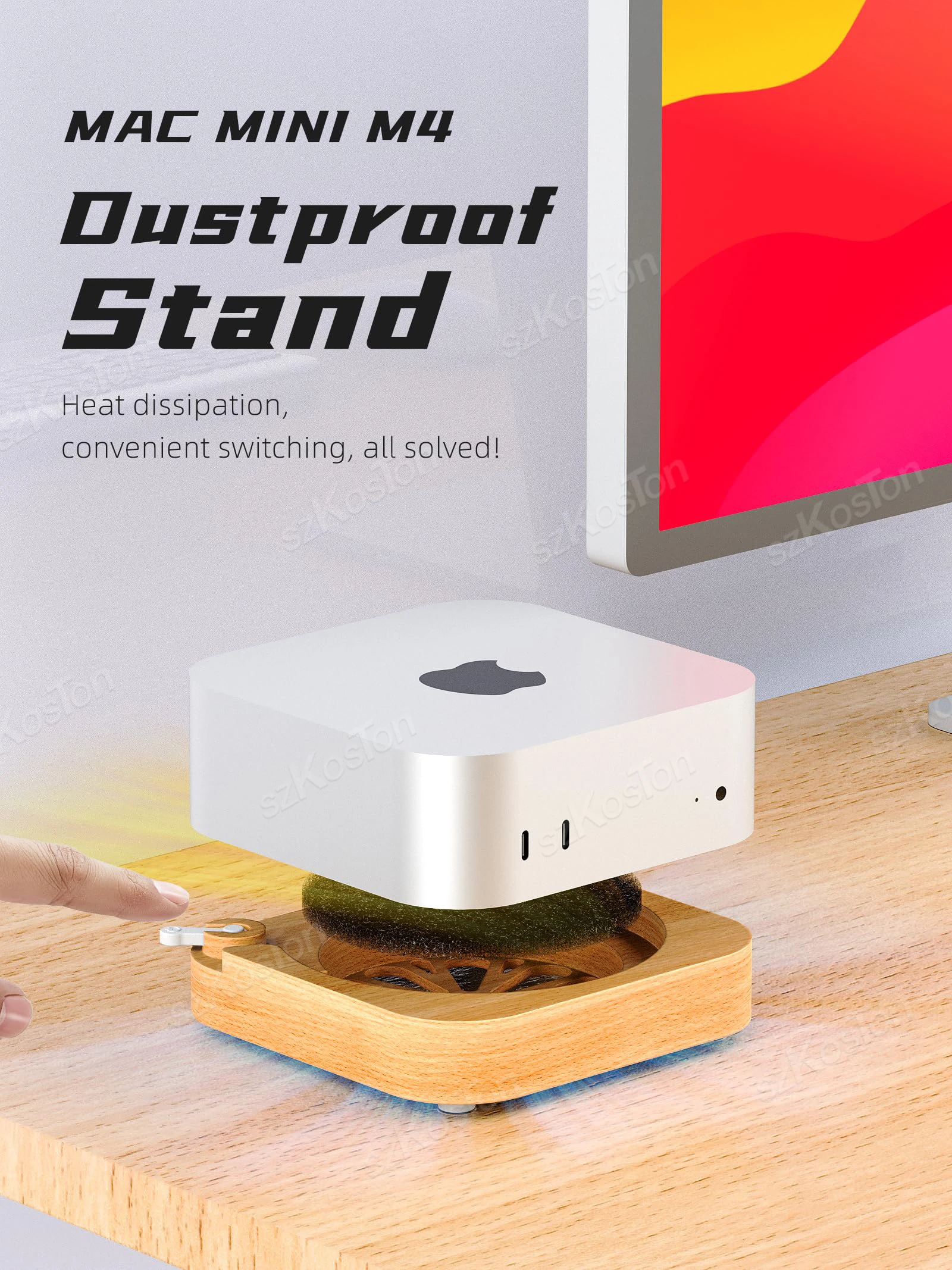 Mac Mini M4 & M4 Pro 컴퓨터 데스크탑 스탠드(외부 전원 버튼 방열 도크 홀더 포함)용 목재 방진 베이스