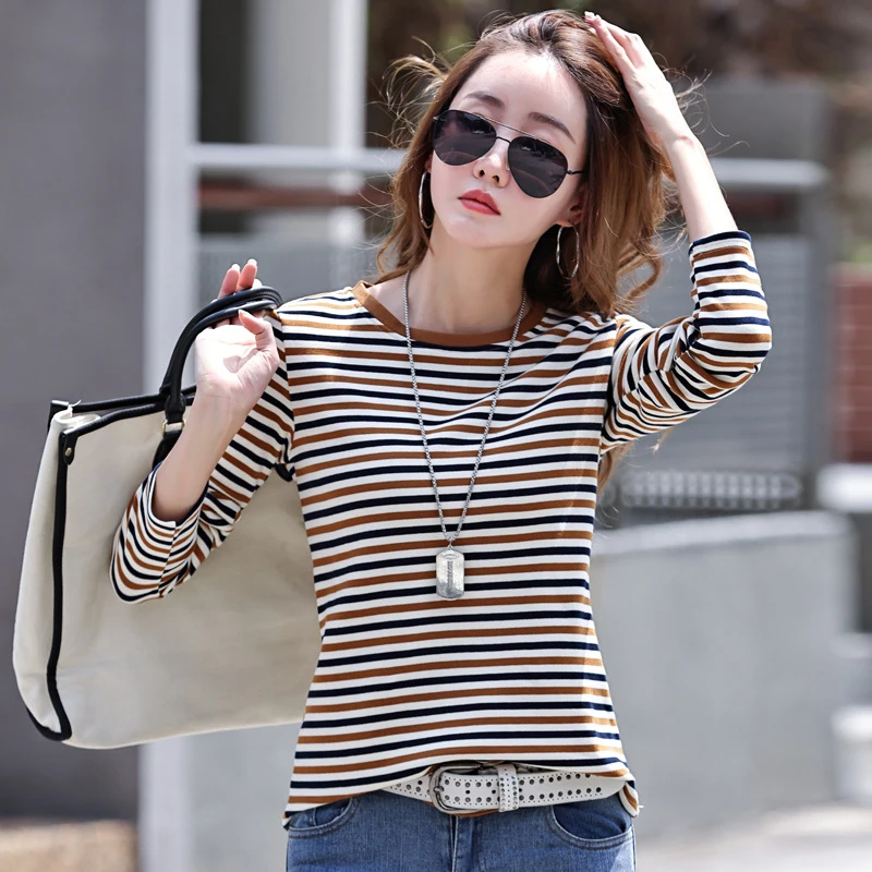 Striped T Shirt Long Sleeve Women Cotton Spring Casual Tops Korean - Main Image
