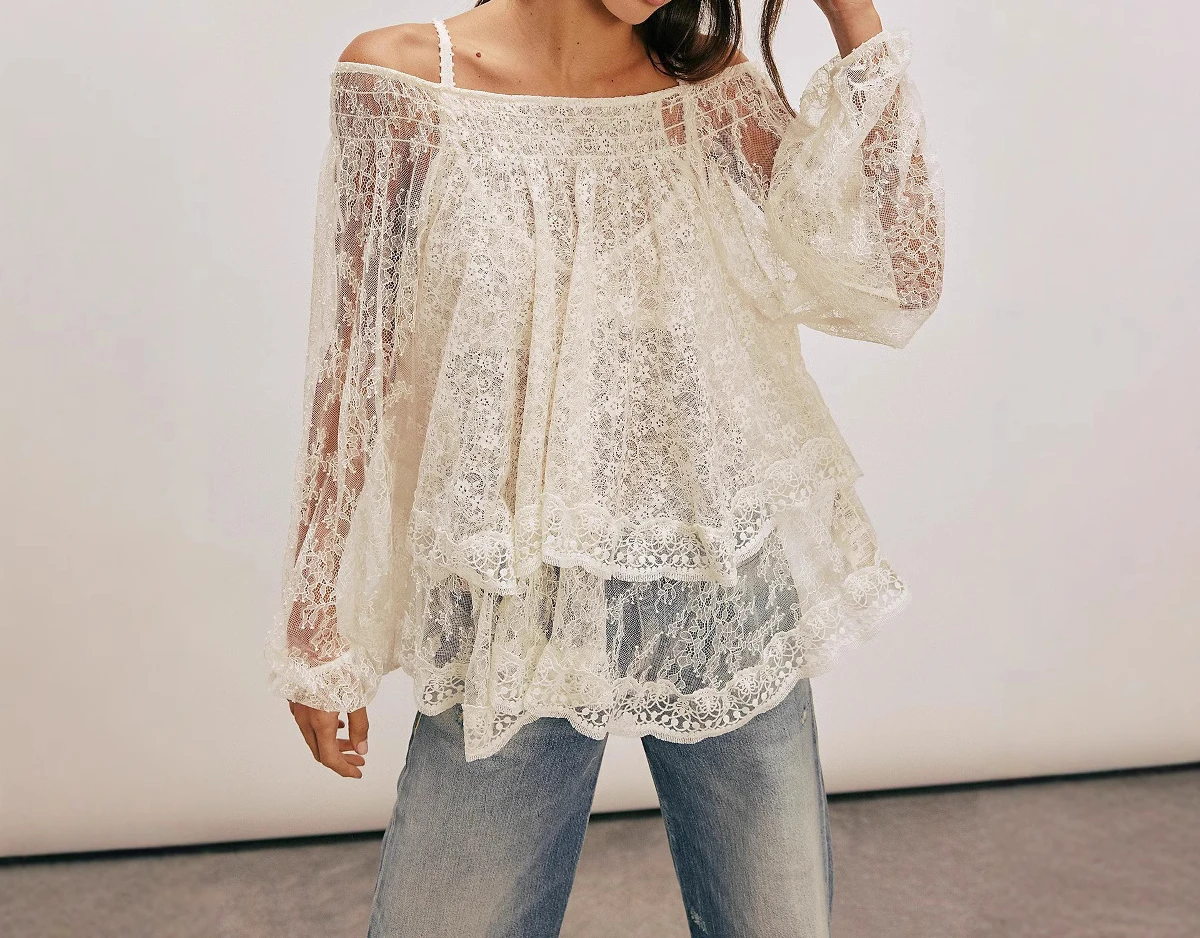 Italian Khaki Cinched Asymmetrical Design Lace Top Spring main image 1