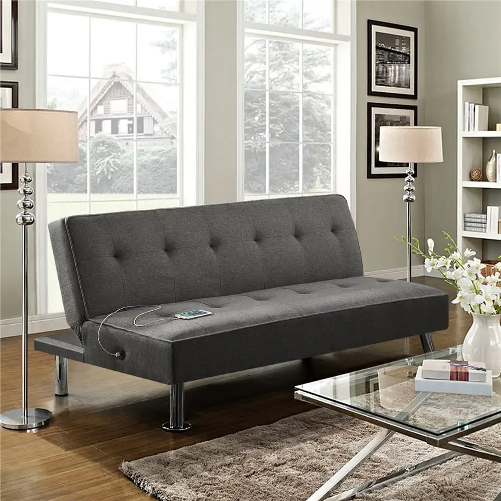 

Modern Fabric Convertible Futon with USB, Charcoal Living Room Sofa