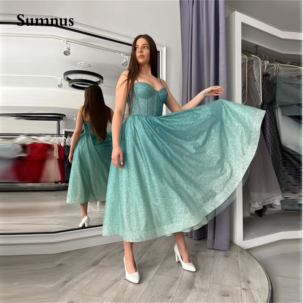 Sumnus Modern Sparkly A Line Short Prom Dress Spaghetti Straps Tea Length Graduation Formal Party Gowns Custom Made silver prom dresses