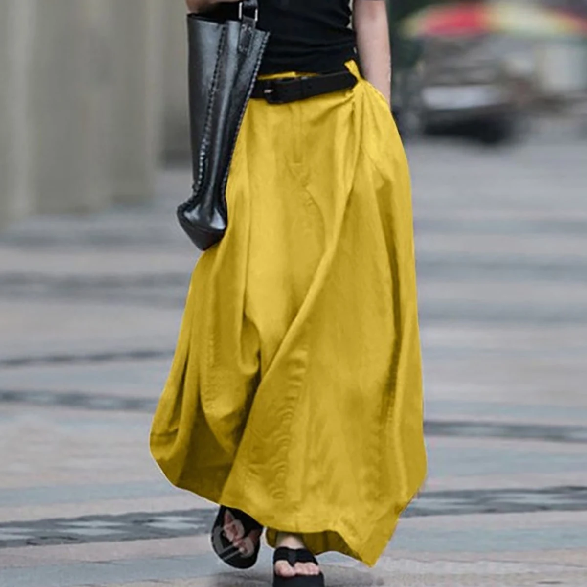 

Yeezzi Summer Fashion Plus Size Skirt Vintage Solid Color Side Pocket Loose Cotton Elegant Zipper Casual A-Line Skirt For Women