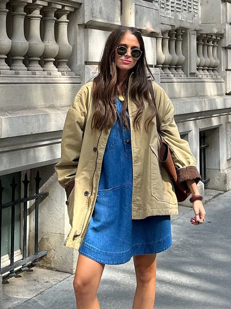 HH Female Street Single Breasted Canvas Loose Coat Autumn Woman