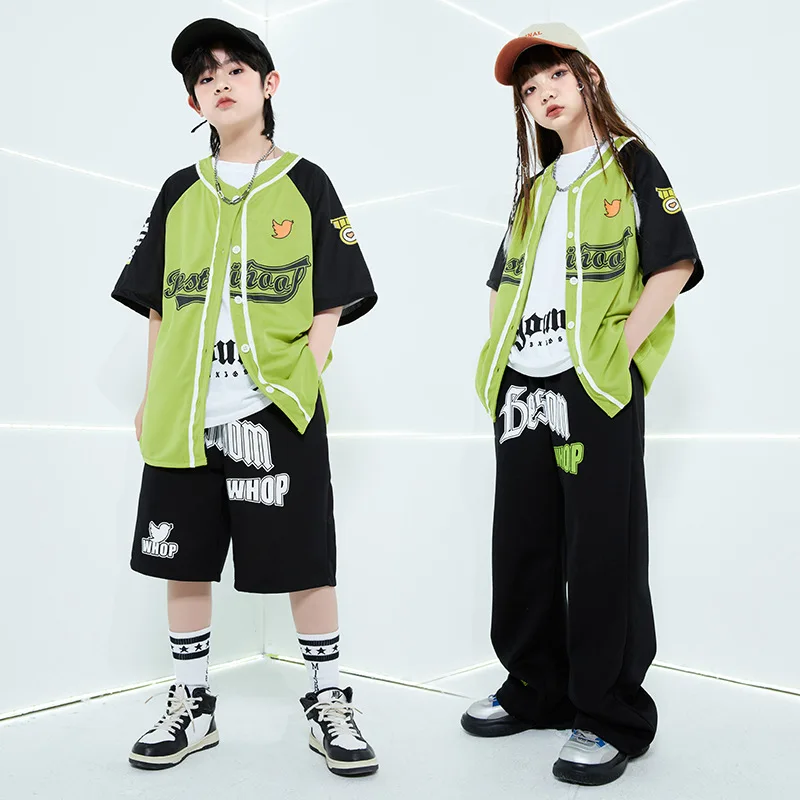 

New Hip Hop Street Dance Performance Costumes for Kids Short Sleeve Shirt Black Pants Suit Girls Boys Jazz Stage Clothes Sets