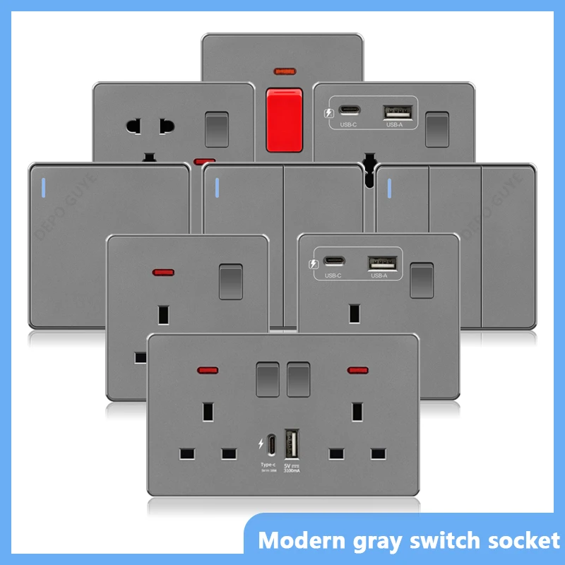 Universal USB Type-c 18W Fast Charge Power Socket plug,Home Wall Light Switch,UK 13A with Dual USB Electrical outlet AC110-250V