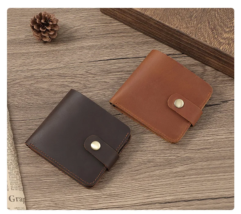 Minimalistische kurze Lederbrieftasche mit Druckknopf, echtes vollnarbiges Rindsleder, kompaktes Kreditkartenetui, Unisex Vintage Coin Pu – Detail 5