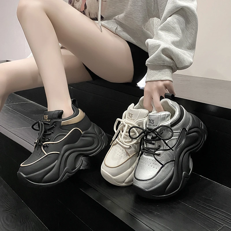 8CM Heels Autumn Chunky Sneakers for Women 2023 Platform Sports Breathable Leather Shoes Woman Lace-up Thick Bottom Dad Shoes