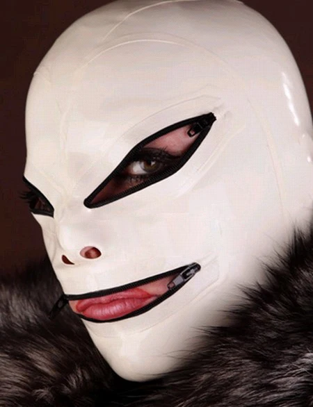 

Latex Hood Rubber Mask Handmade White With Eyes Mouth Zipper Sexy Halloween Cosplay Costumes for Men Women