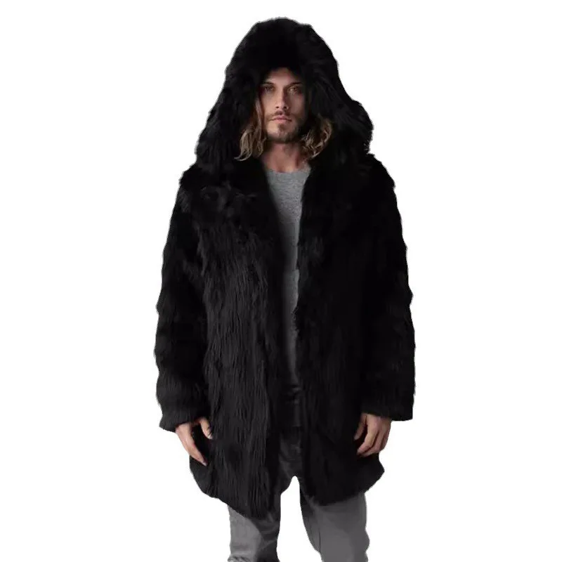 

Men Fur Coat Imitation Fox Fur Long Hooded Overcoat Winter Warm Casual Wool Jacket Plus Size S-6XL