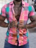 Color block plaid/plaid colorful casual men's shirt for daily wear, weekend outing, summer lapel short-sleeved 5XL fast shipping 1