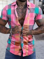 Color block plaid/plaid colorful casual men's shirt for daily wear, weekend outing, summer lapel short-sleeved 5XL fast shipping 1
