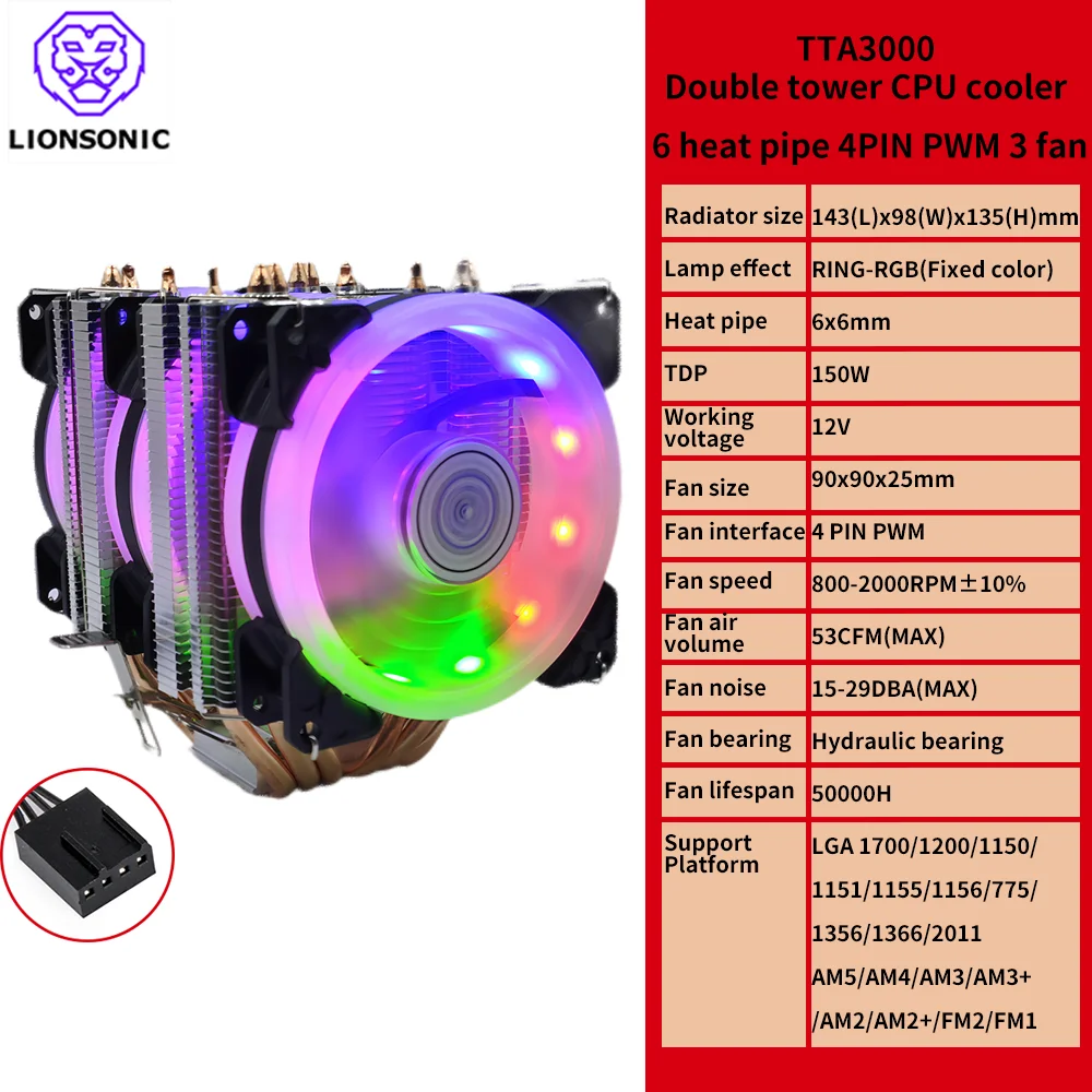 TISHRIC-Reoidisseur De Processeur, 4/6 Caloducs, 4 Broches PWM, Ventilateur De Reoidissement RVB, PC Religions Intel LGA 1150 1151 1155 1200 1700 2011 X79 X99 AM3 AM4