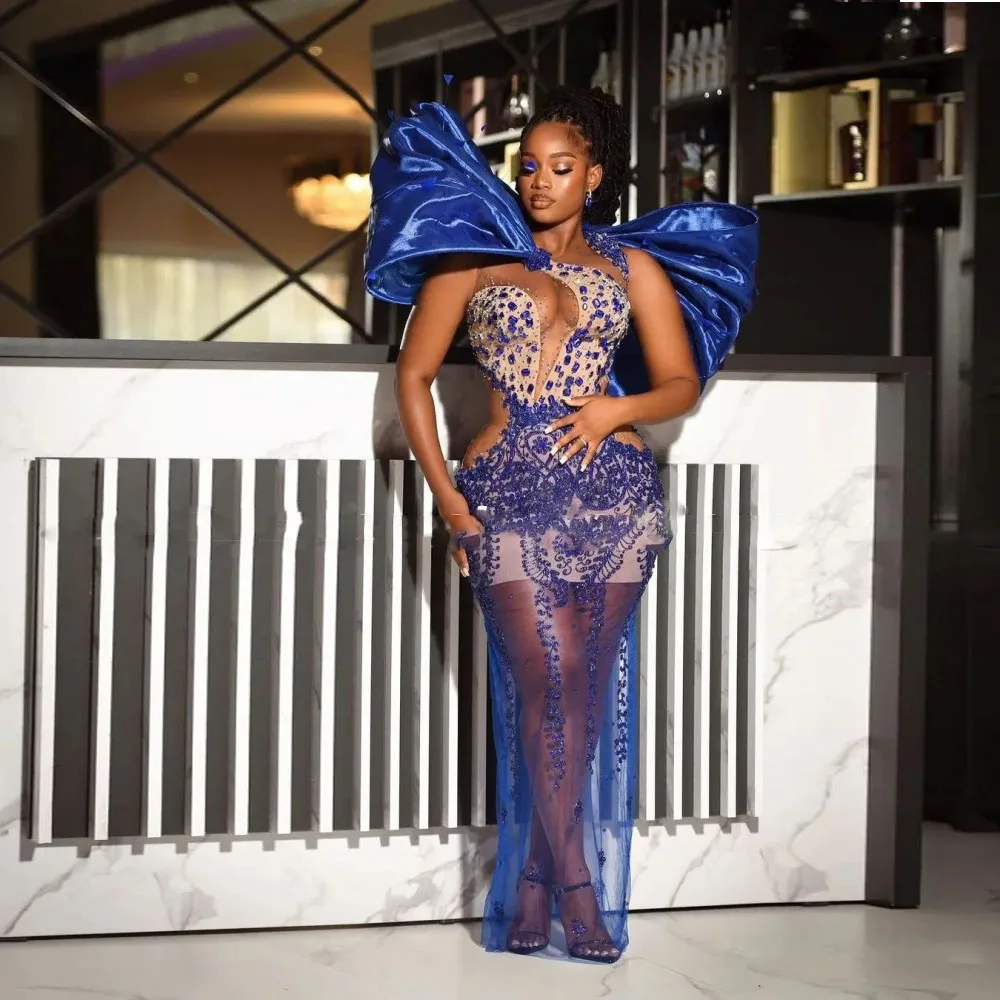 

Женское вечернее платье с аппликацией, синее Прозрачное платье с бантом и бисером, для выпускного вечера