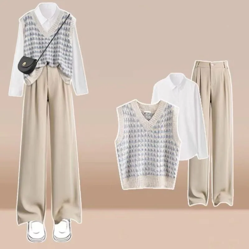 Women's 2024 Spring New Fashion Long Sleeve Shirt+Knitted Vest+Suit Pants Three Piece Korean Elegant Blouse Trouser Matching Set cardigans floral three quarter sleeve open front cardigan in multicolor size l m s xl