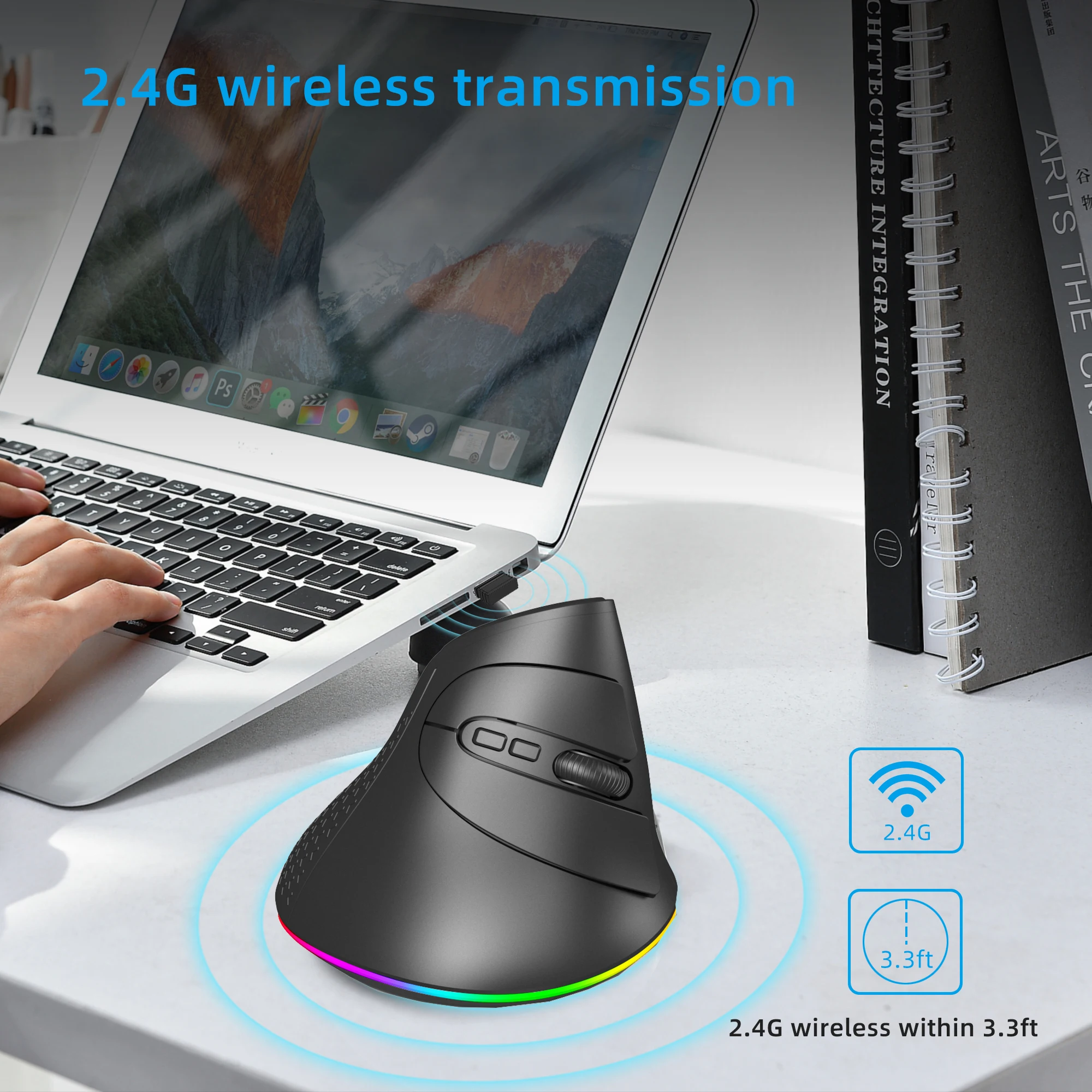 Dual Modes Wireless Mouse 2.4G USB  Bluetooth 5.1 LED Battery Ergonomics Vertical Mouse With Backlight For Tablet PC Laptop