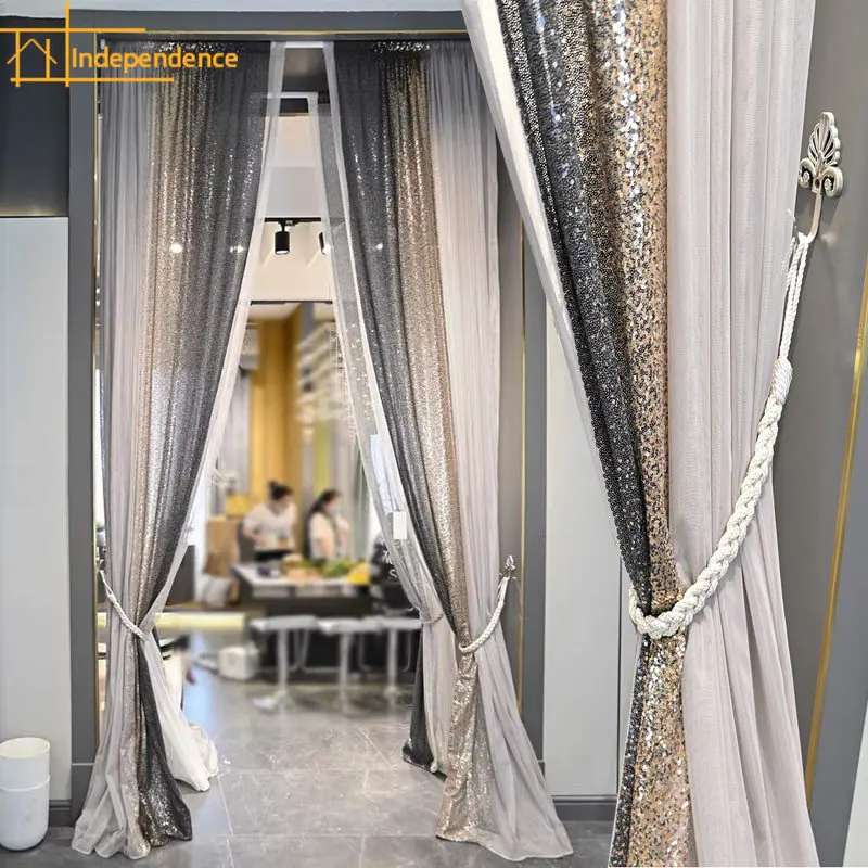 

American Light Luxury Curtain For Living Room Bedroom Romantic Wedding Home Gradient Sequin Tulle Decor Sheer Drapes Custom #4
