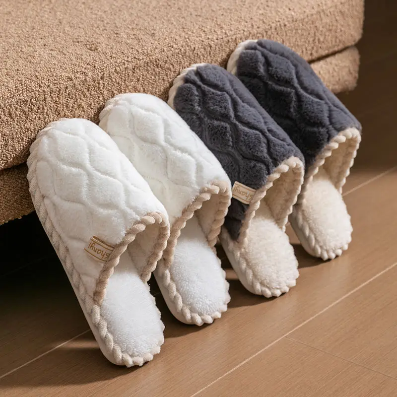 New Women Cotton Slippers House Couples Fluffy Slides Autumn Winter Solid Warm Plush Slippers Bedroom Ladies Cotton Shoes TG28 2